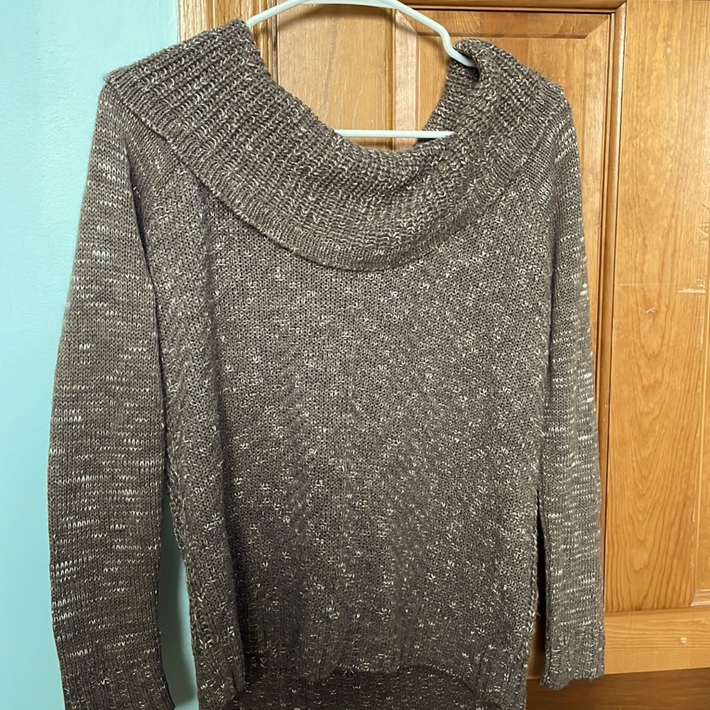 Brown and white speckled knit sweater